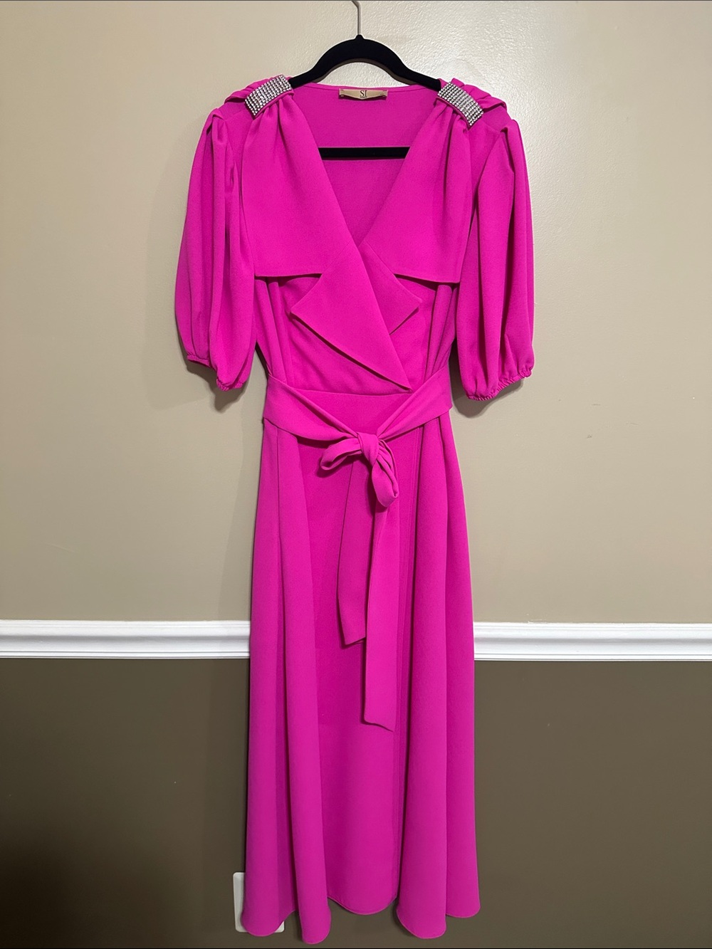 Fuchsia Puff-Sleeve Wrap Midi Dress with Belt